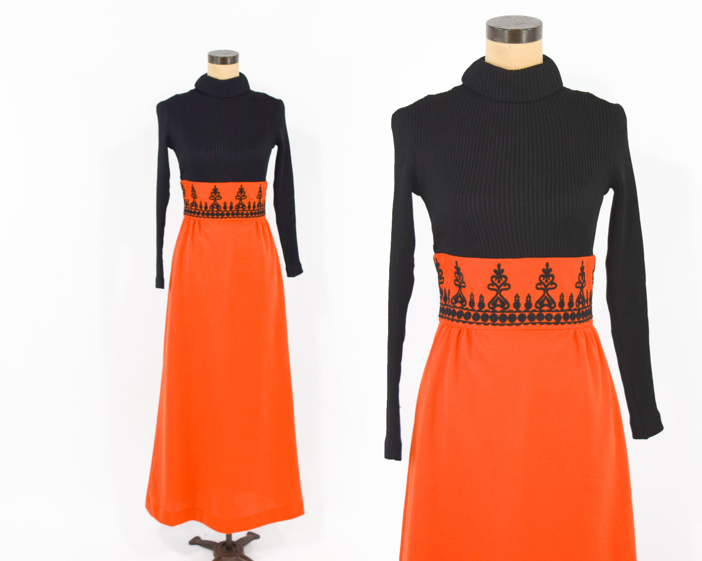 1970s Black Knit Orange Maxi Dress Medium