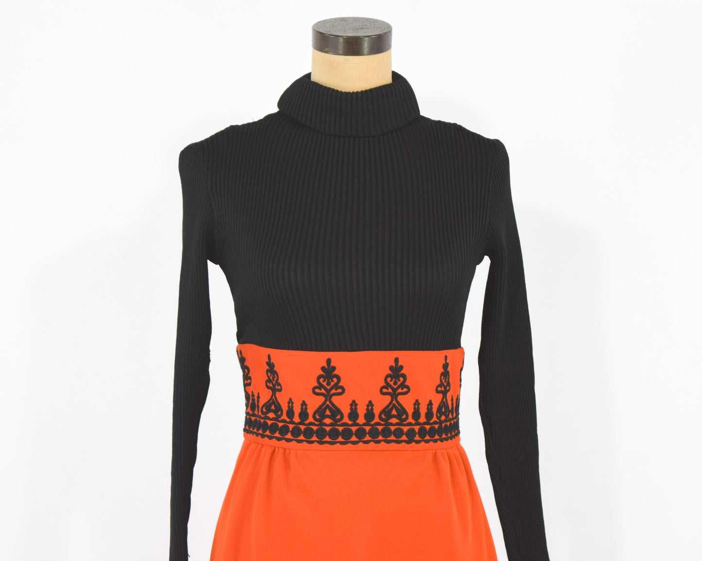 1970s Black Knit Orange Maxi Dress Medium