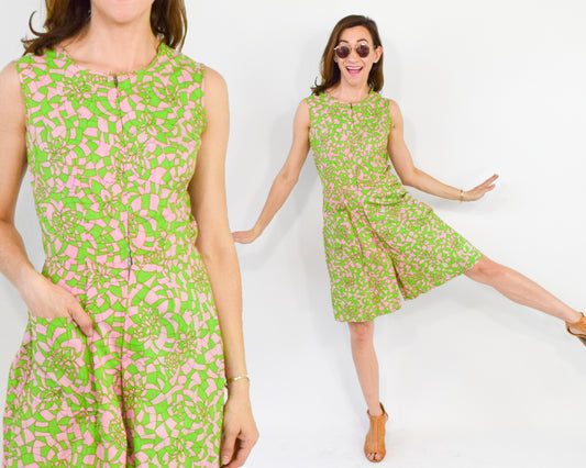 1960s Green Print Zipper Front Jumpsuit Medium