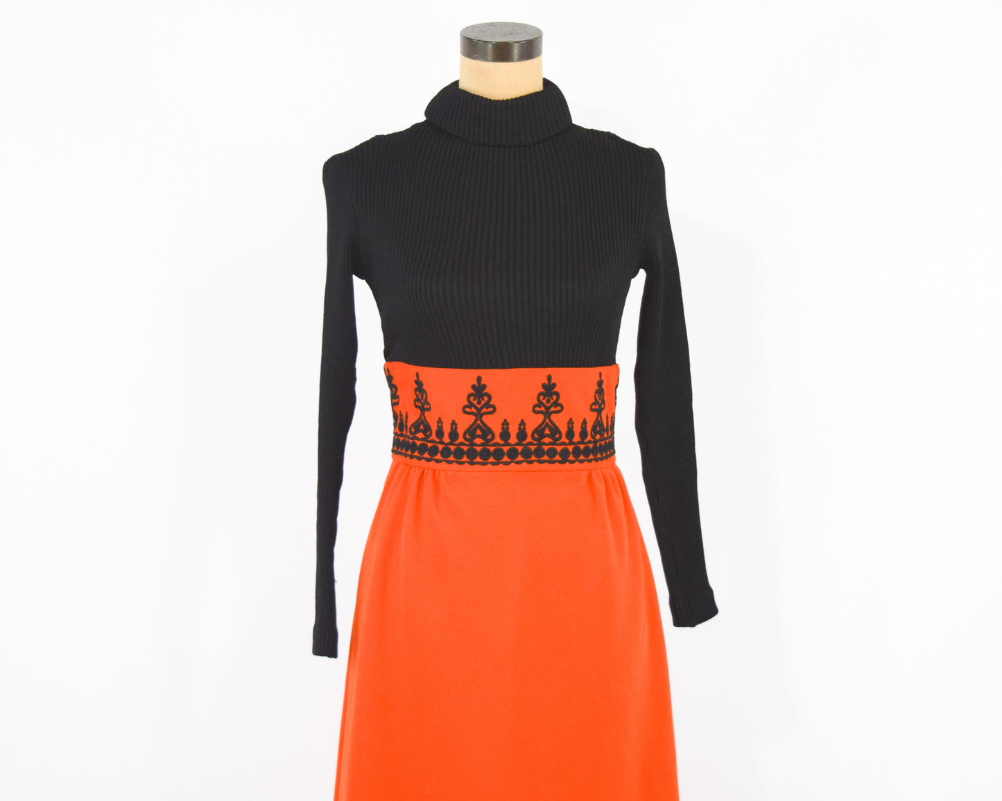 1970s Black Knit Orange Maxi Dress Medium