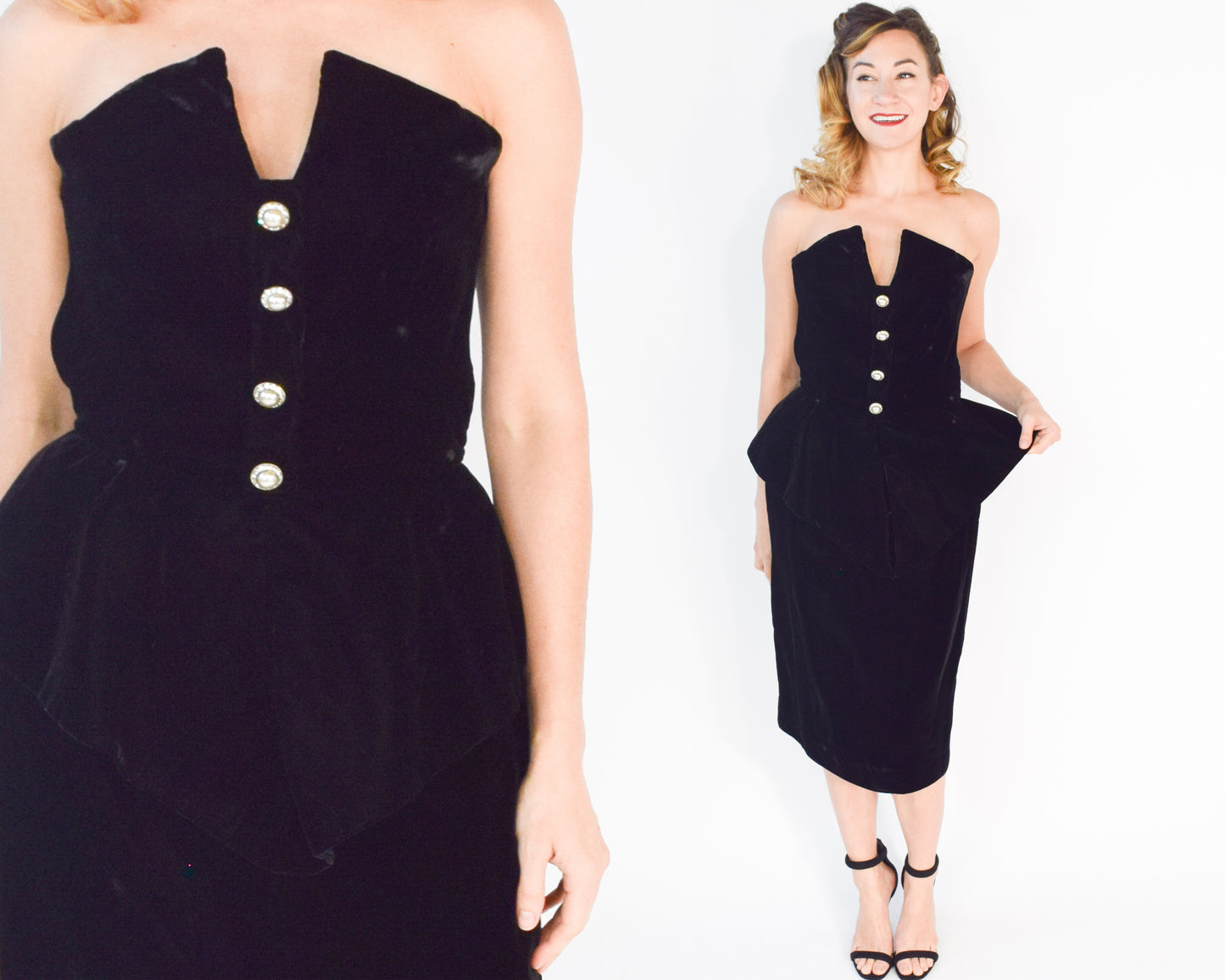 Victor Costa Black Velvet Dress 1980s Strapless Peplum Velvet Party Dress