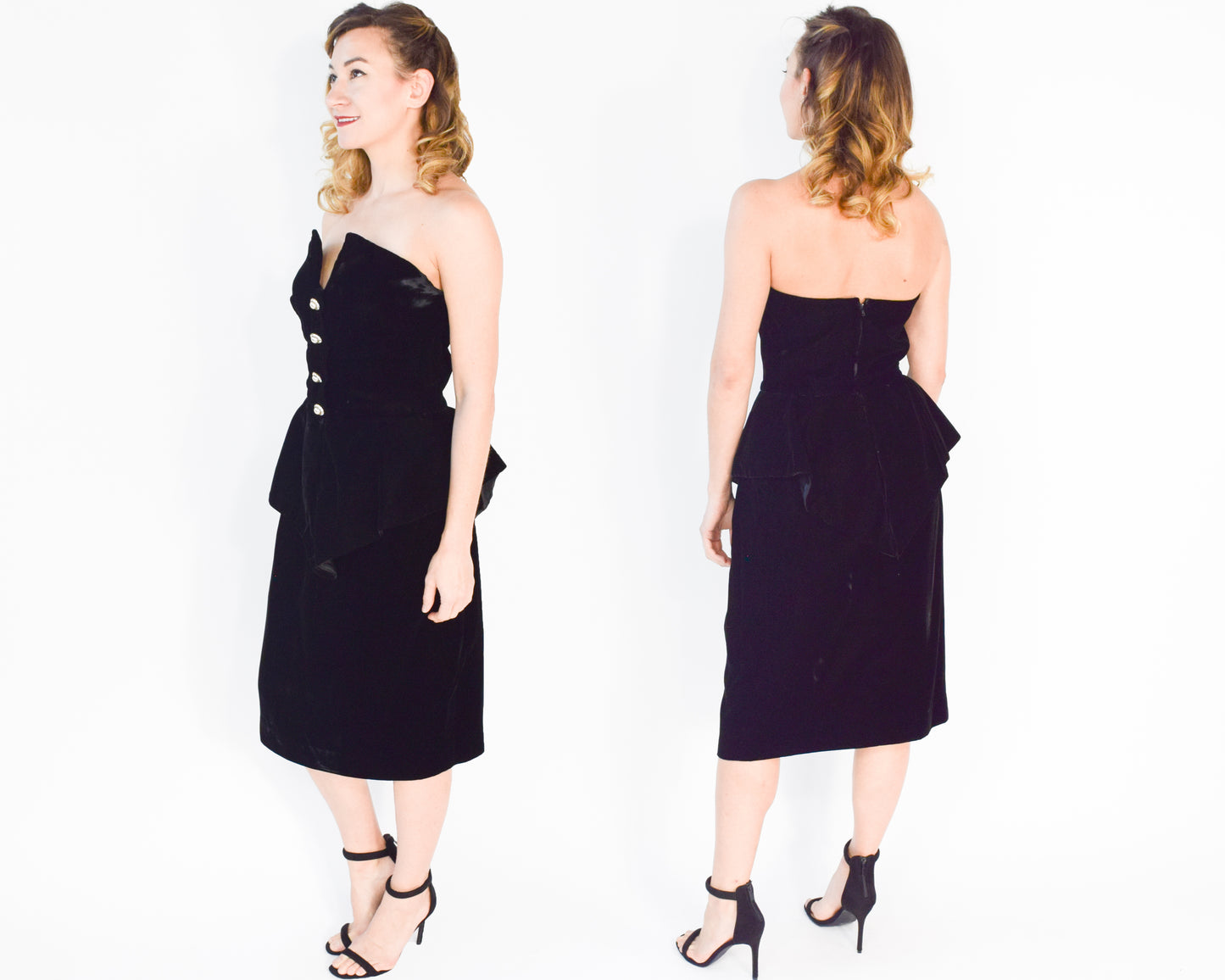 Victor Costa Black Velvet Dress 1980s Strapless Peplum Velvet Party Dress