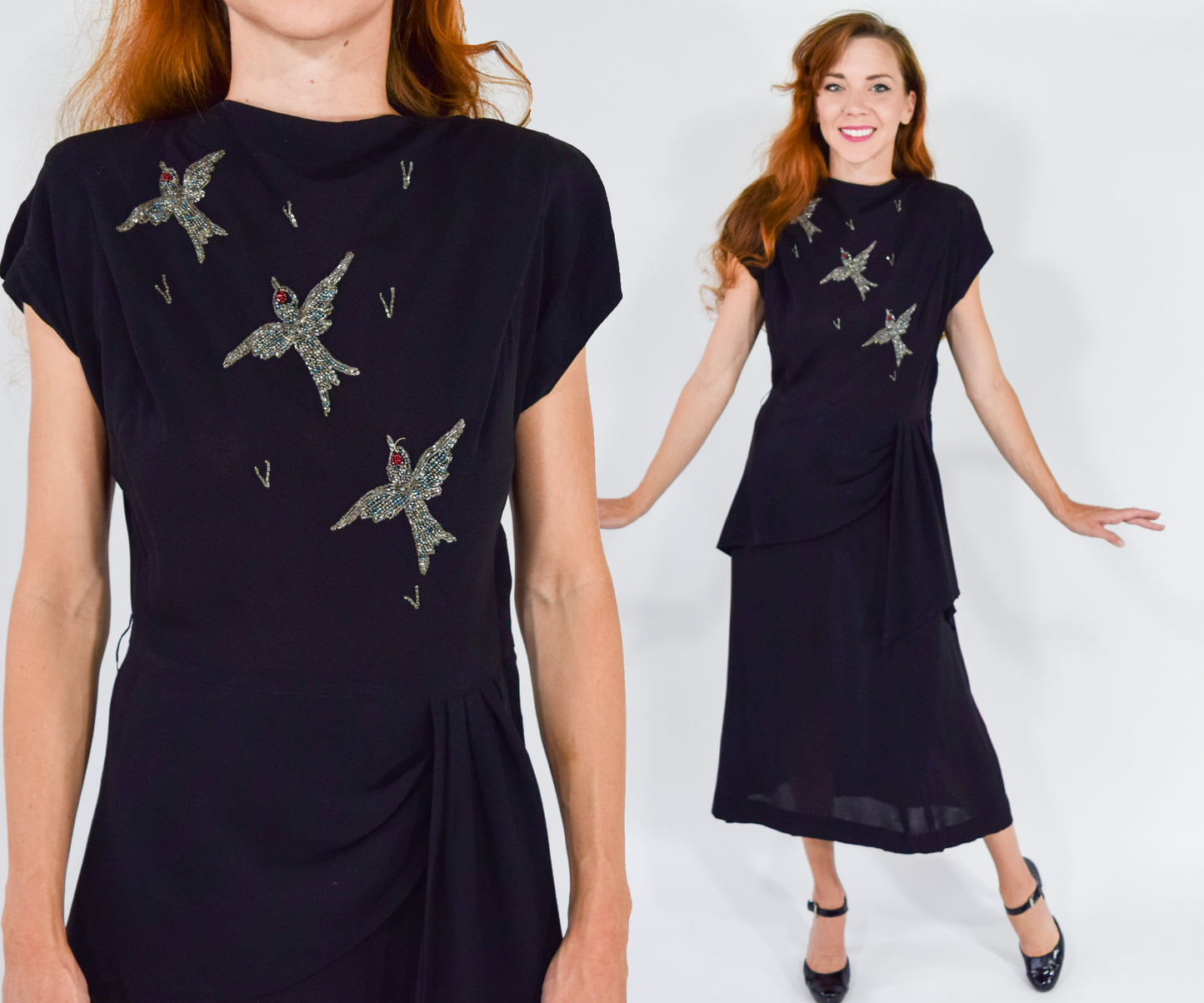 1940s Black Bird Embroidered Party Dress, Medium