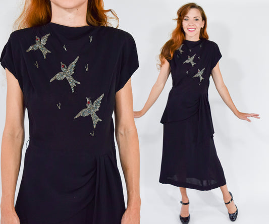 1940s Black Bird Embroidered Party Dress, Medium