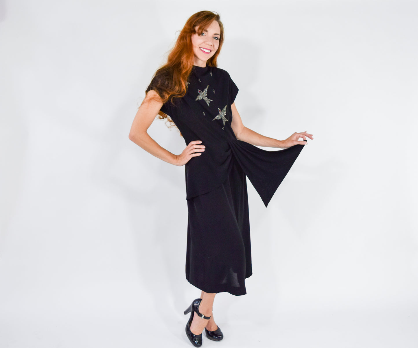 1940s Black Bird Embroidered Party Dress, Medium