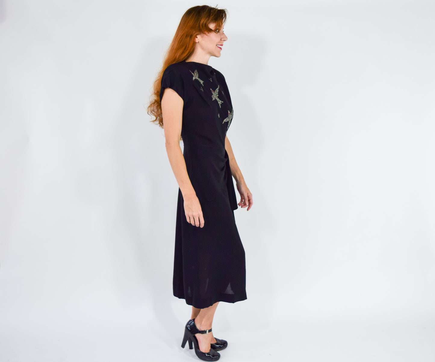1940s Black Bird Embroidered Party Dress, Medium