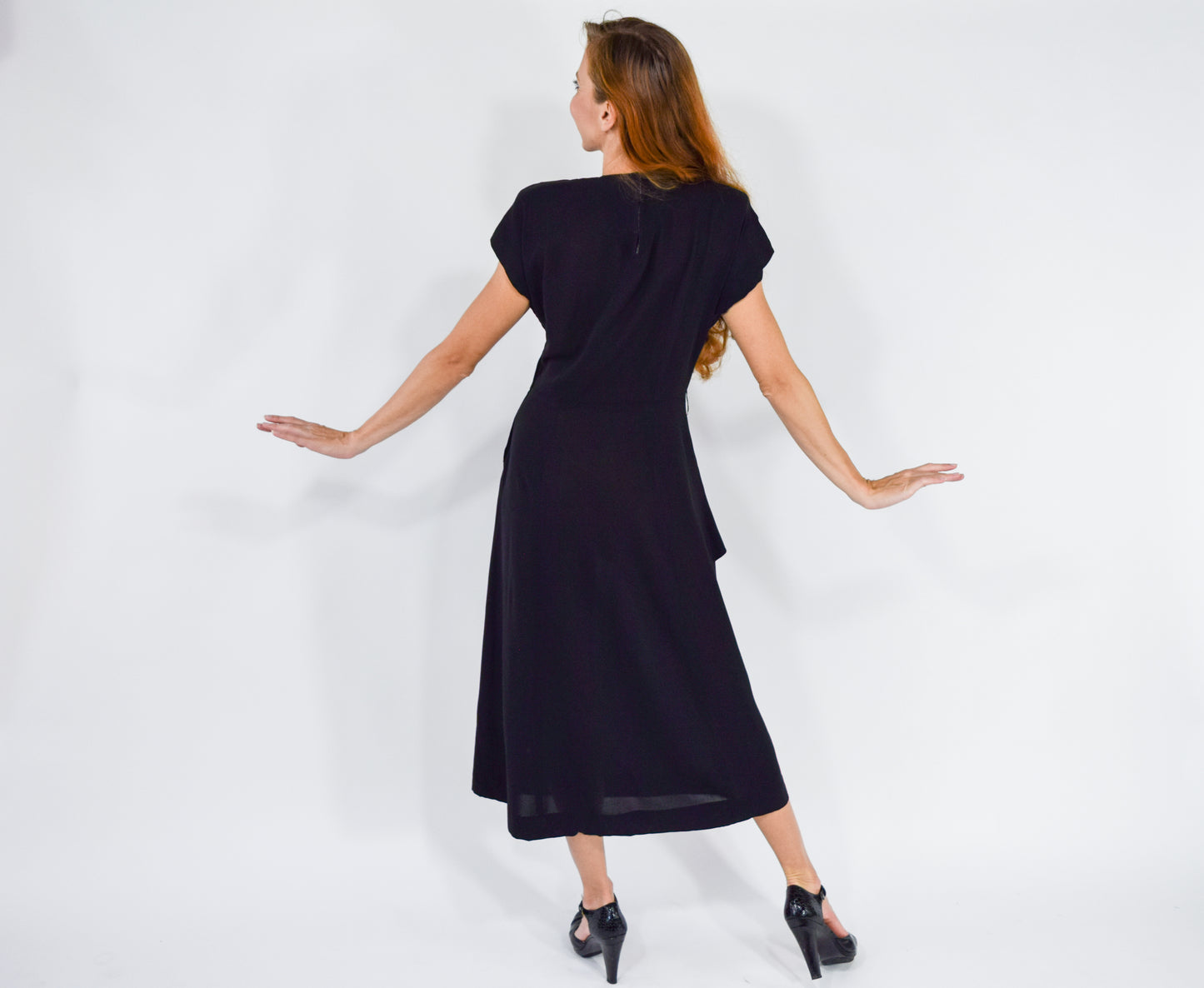 1940s Black Bird Embroidered Party Dress, Medium