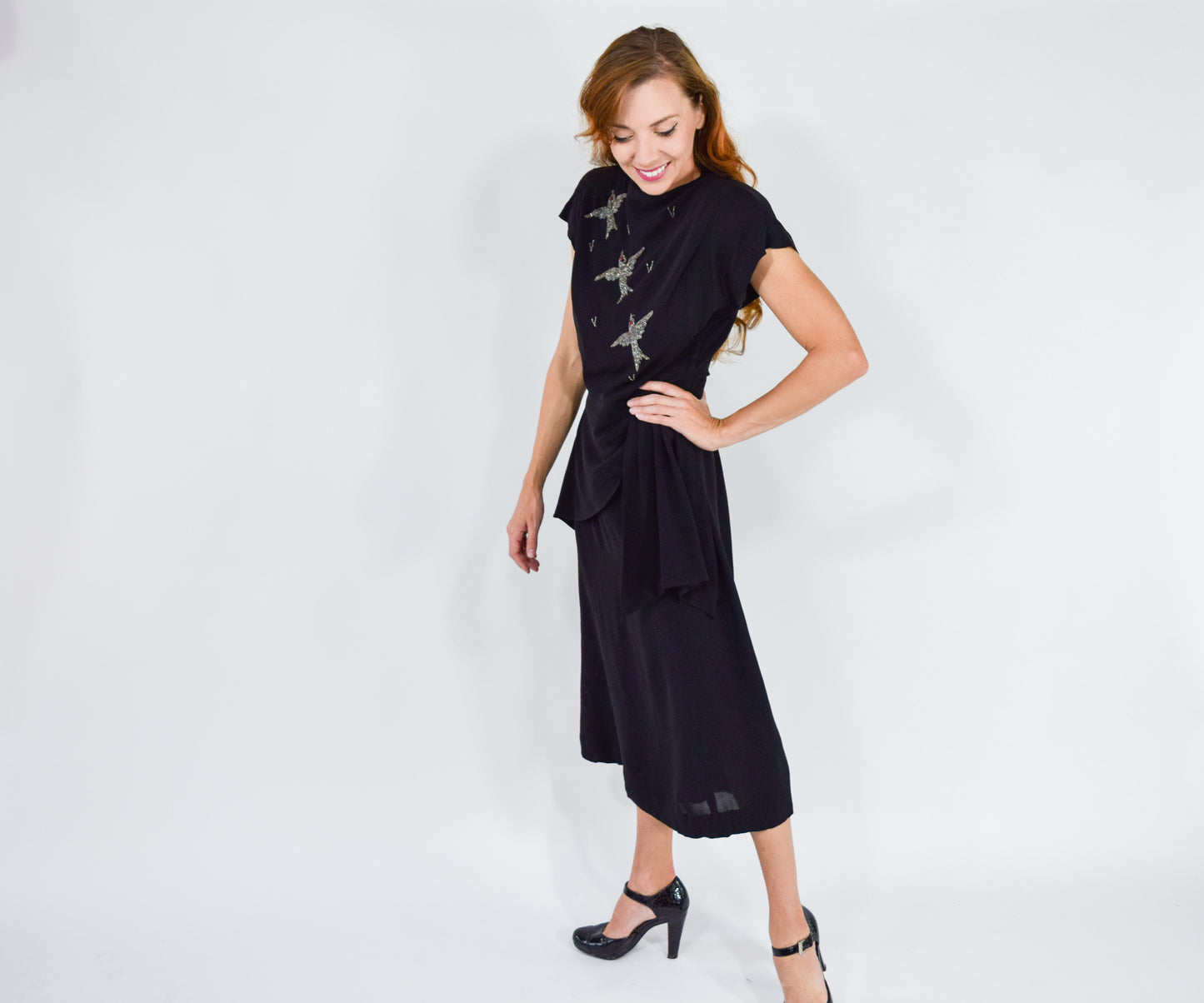 1940s Black Bird Embroidered Party Dress, Medium