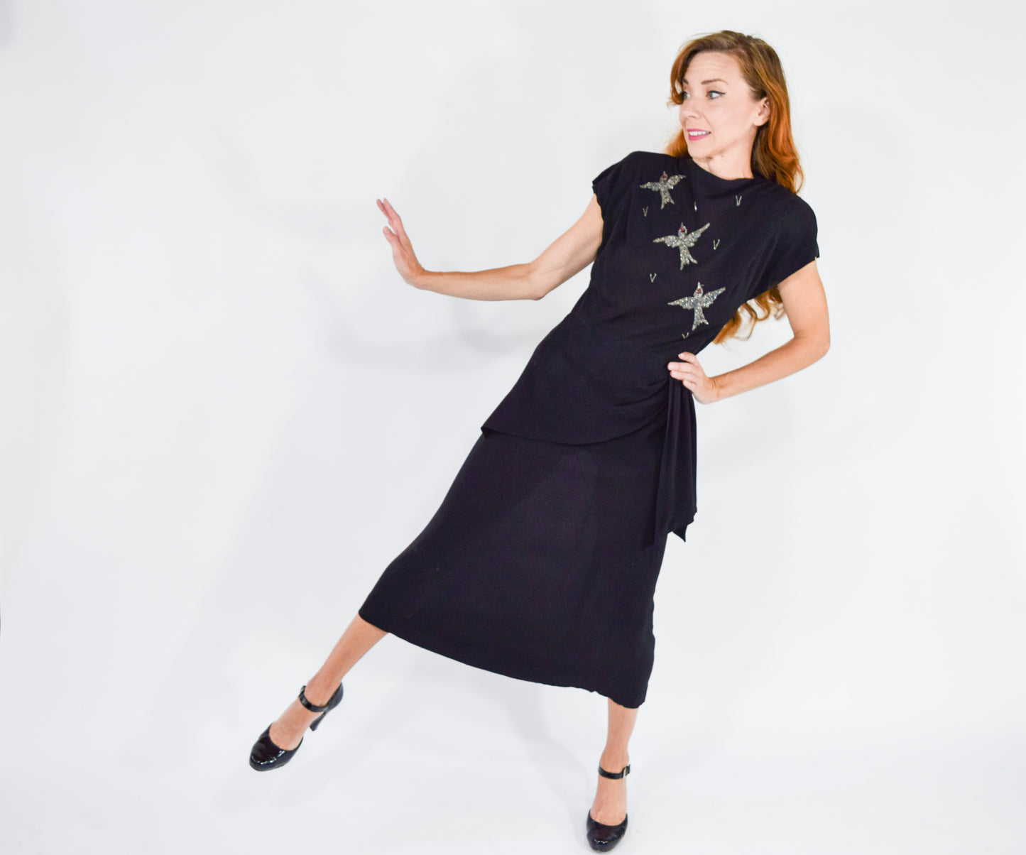 1940s Black Bird Embroidered Party Dress, Medium