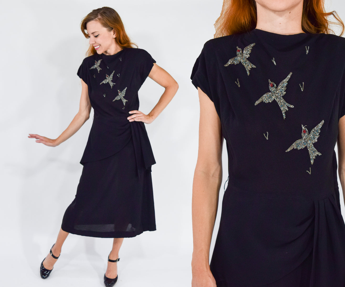 1940s Black Bird Embroidered Party Dress, Medium