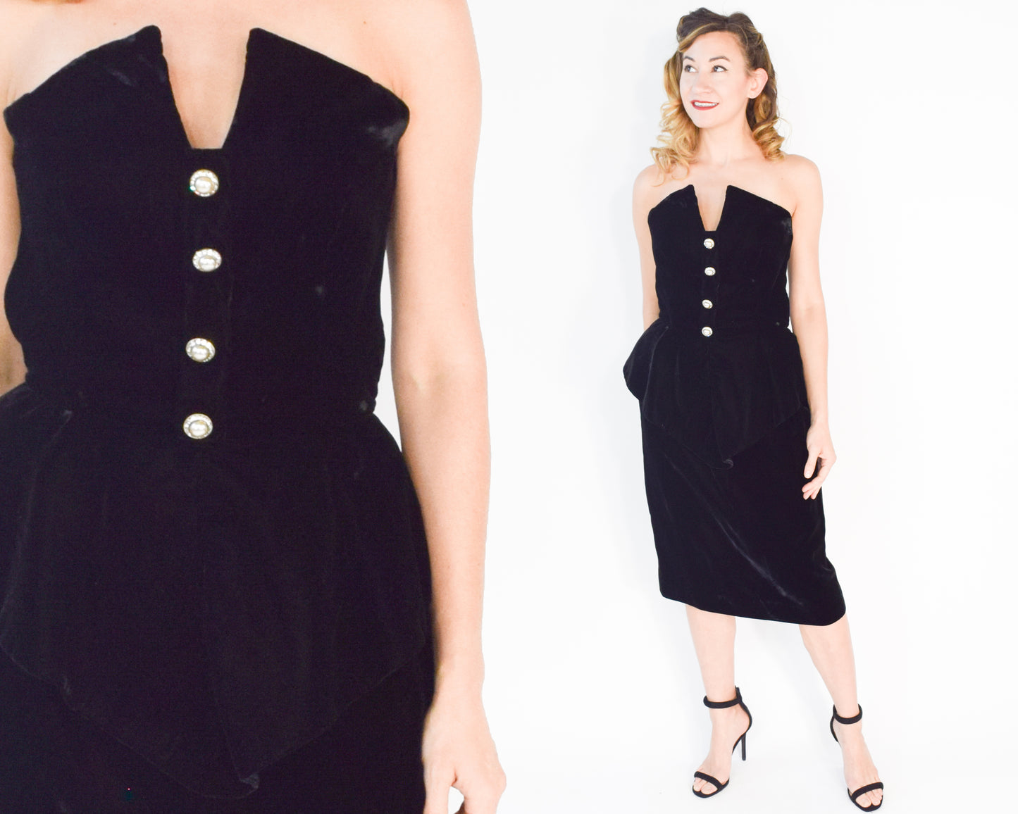 Victor Costa Black Velvet Dress 1980s Strapless Peplum Velvet Party Dress