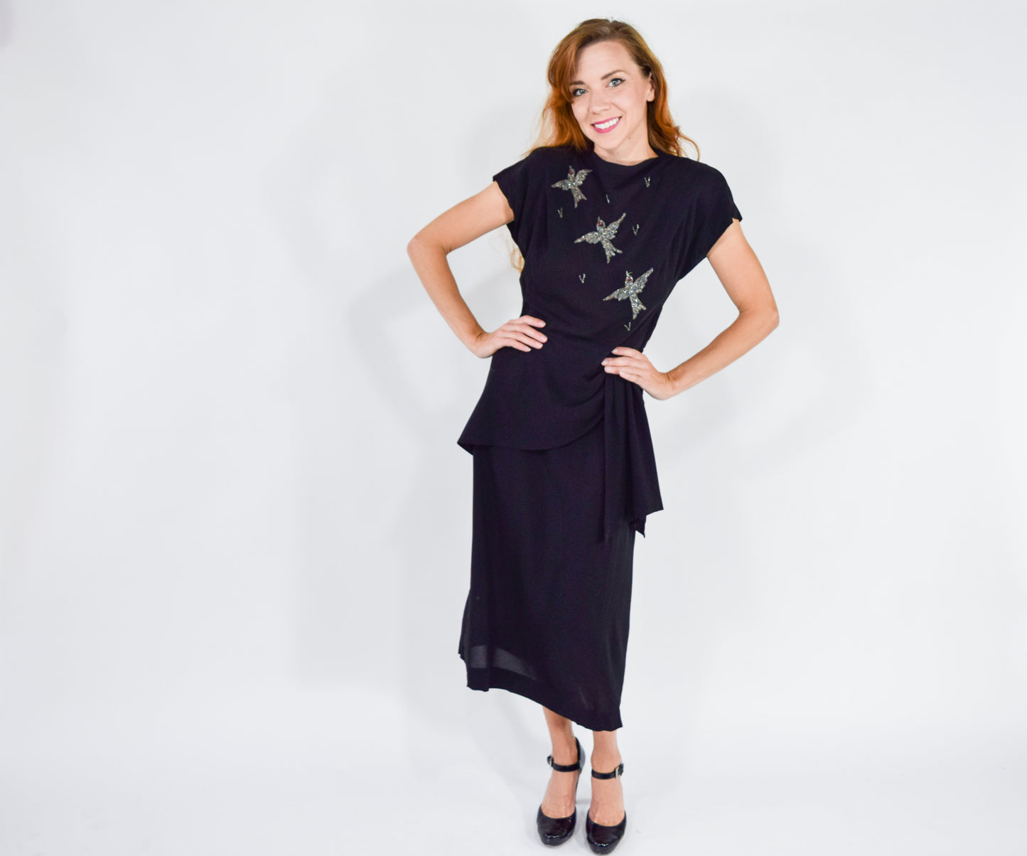 1940s Black Bird Embroidered Party Dress, Medium