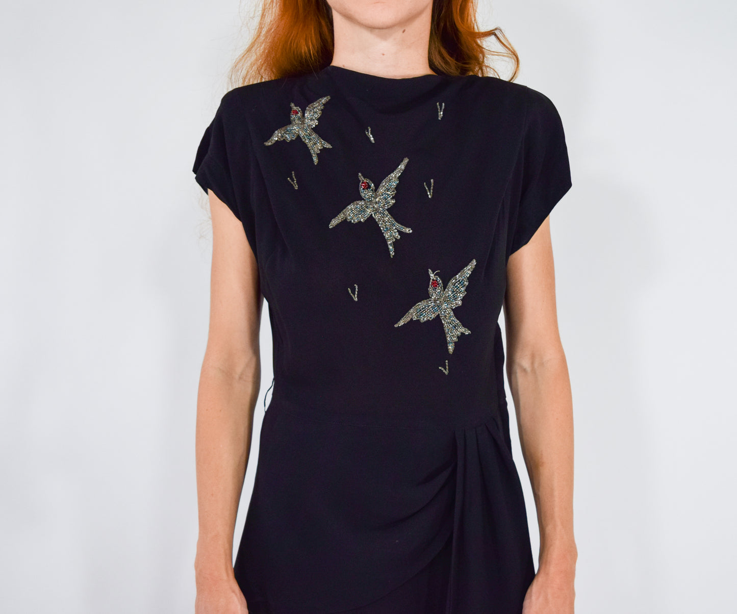 1940s Black Bird Embroidered Party Dress, Medium