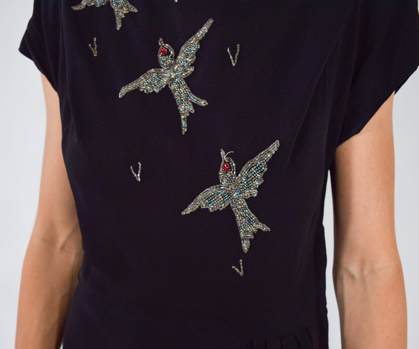 1940s Black Bird Embroidered Party Dress, Medium