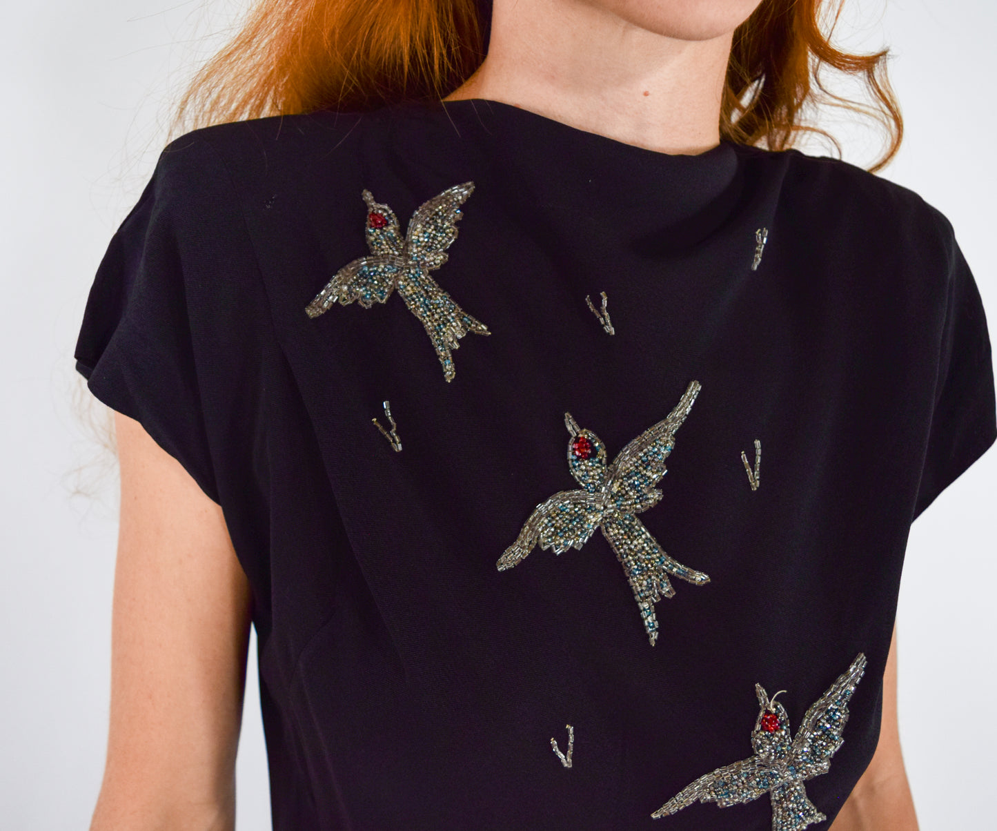 1940s Black Bird Embroidered Party Dress, Medium