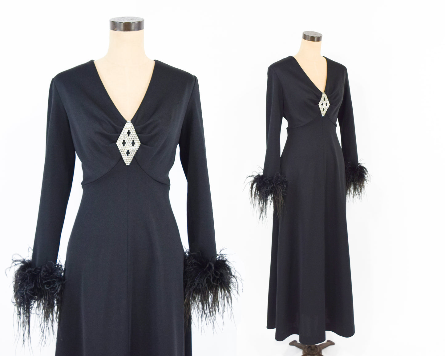 1970s Black Rhinestone Party Dress Medium