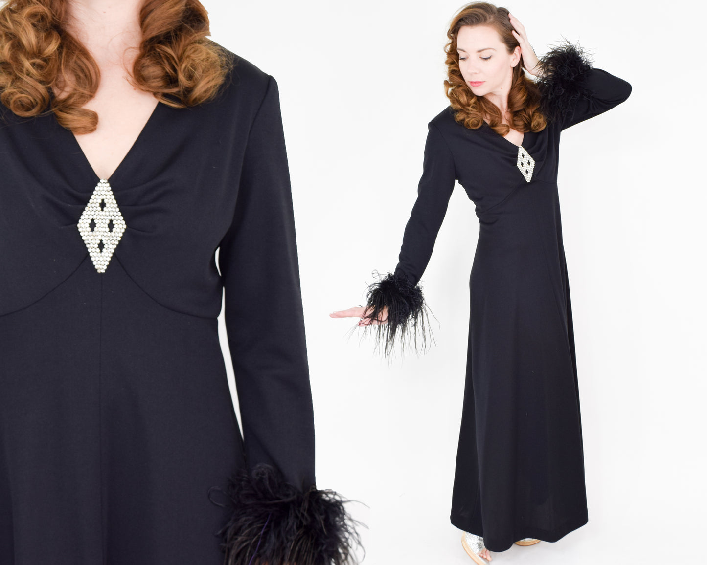 1970s Black Rhinestone Party Dress Medium