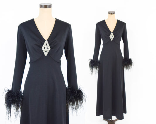 1970s Black Rhinestone Party Dress Medium