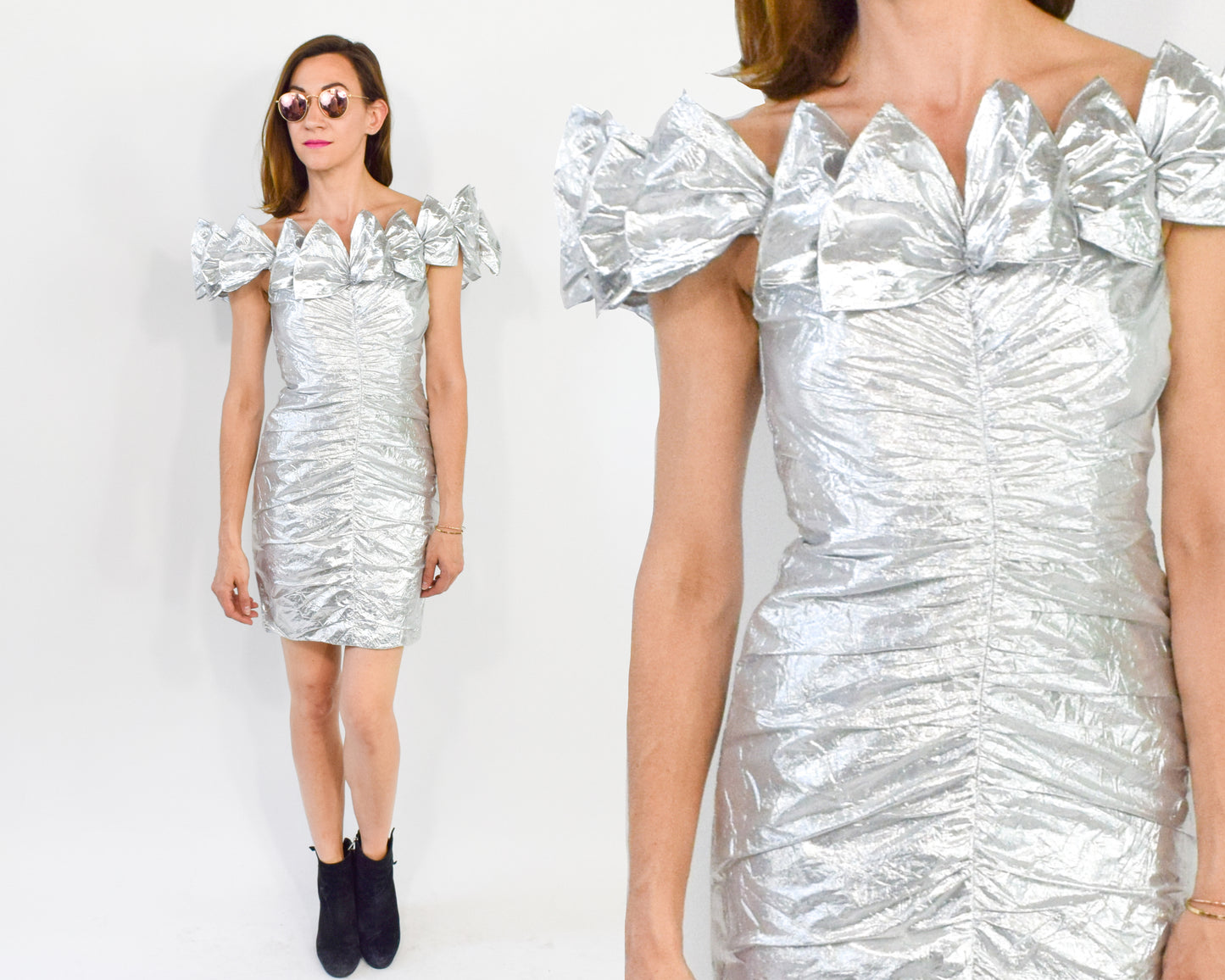 1980s Metallic Silver Party Dress | Off Shoulder Ruched Mini Dress