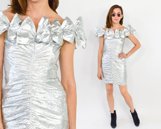 1980s Metallic Silver Party Dress | Off Shoulder Ruched Mini Dress