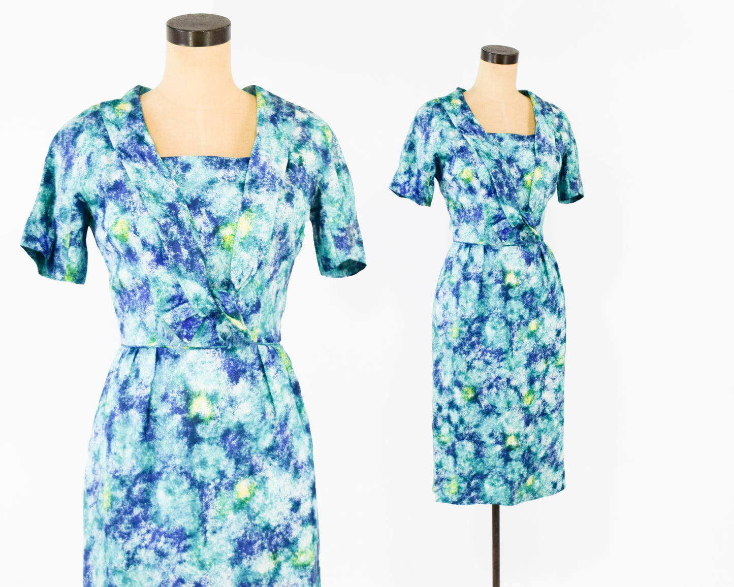 1950s Blue watercolor Print Dress XS