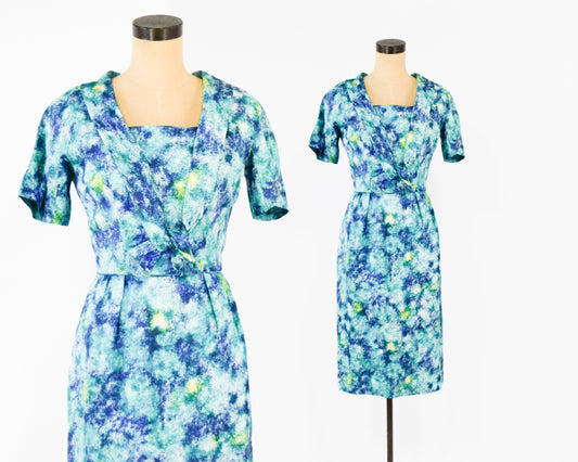 1950s Blue watercolor Print Dress XS
