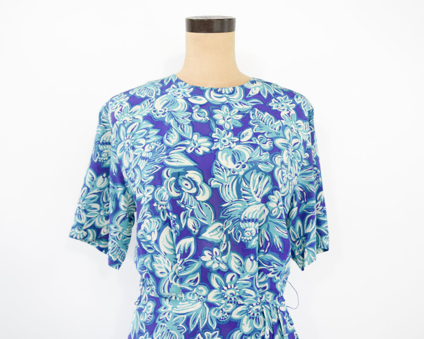 1990s Purple & Blue Floral Print Silk Dress, Small