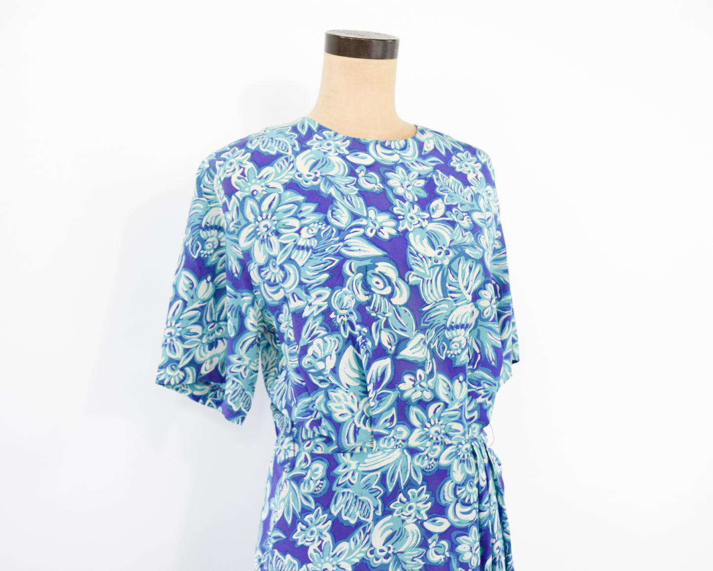 1990s Purple & Blue Floral Print Silk Dress, Small
