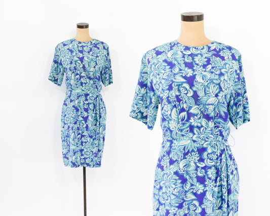 1990s Purple & Blue Floral Print Silk Dress, Small