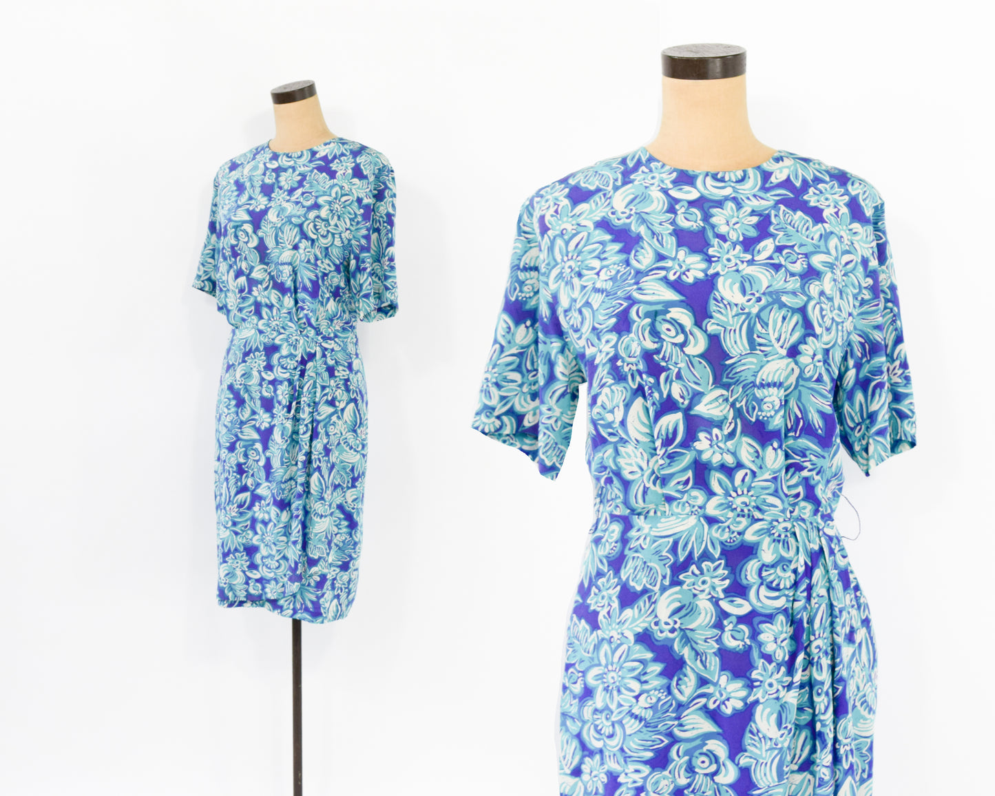 1990s Purple & Blue Floral Print Silk Dress, Small