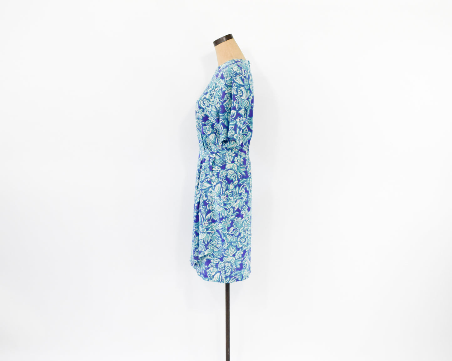 1990s Purple & Blue Floral Print Silk Dress, Small