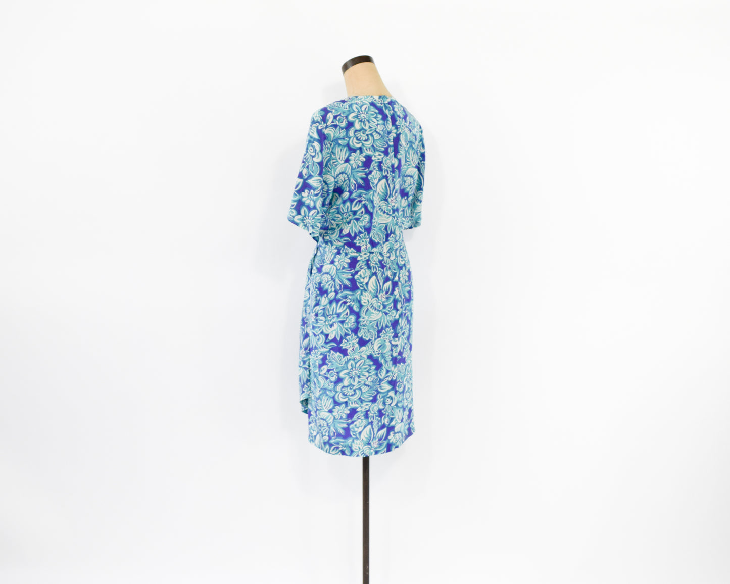 1990s Purple & Blue Floral Print Silk Dress, Small