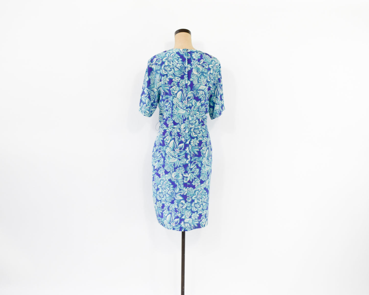 1990s Purple & Blue Floral Print Silk Dress, Small