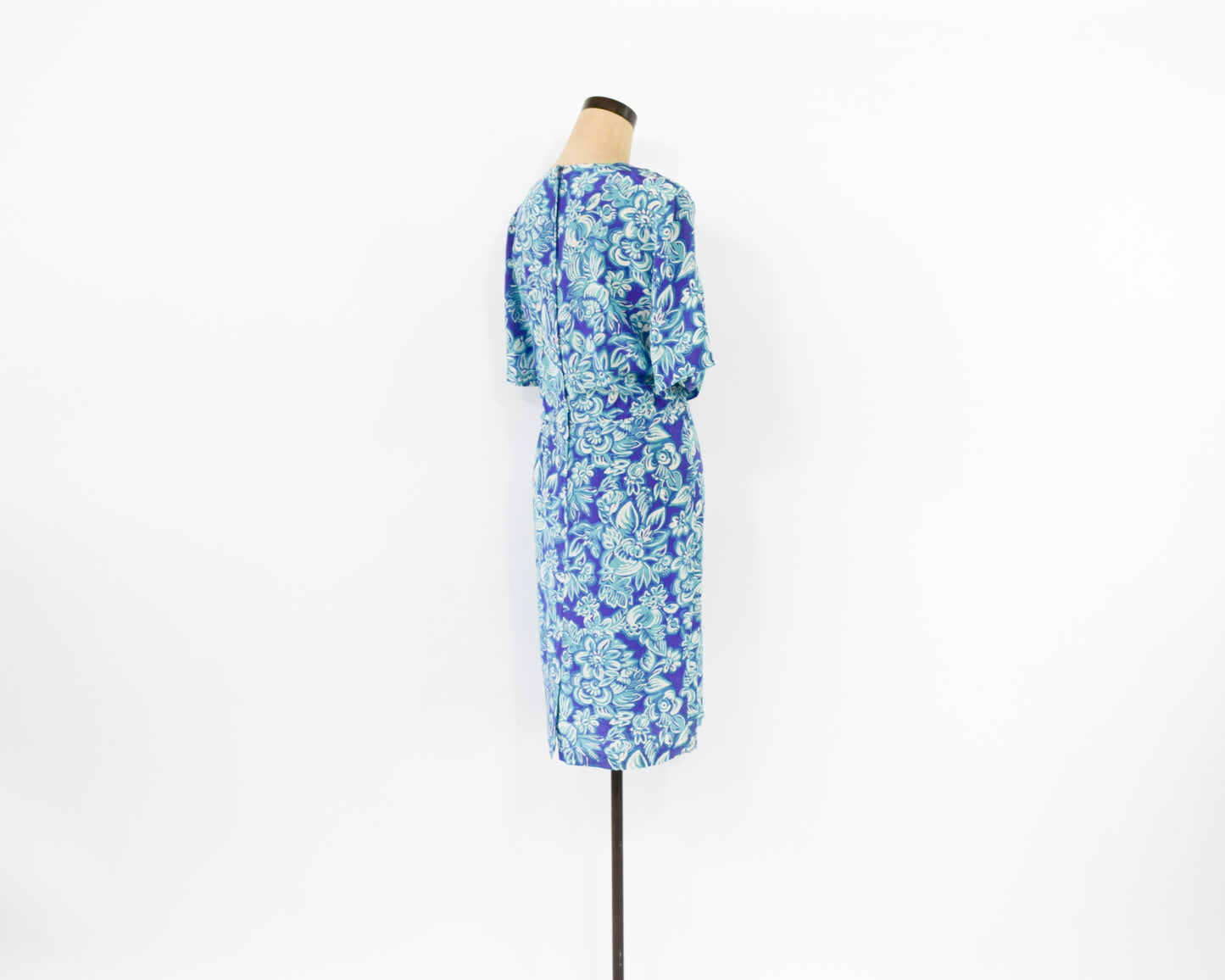 1990s Purple & Blue Floral Print Silk Dress, Small
