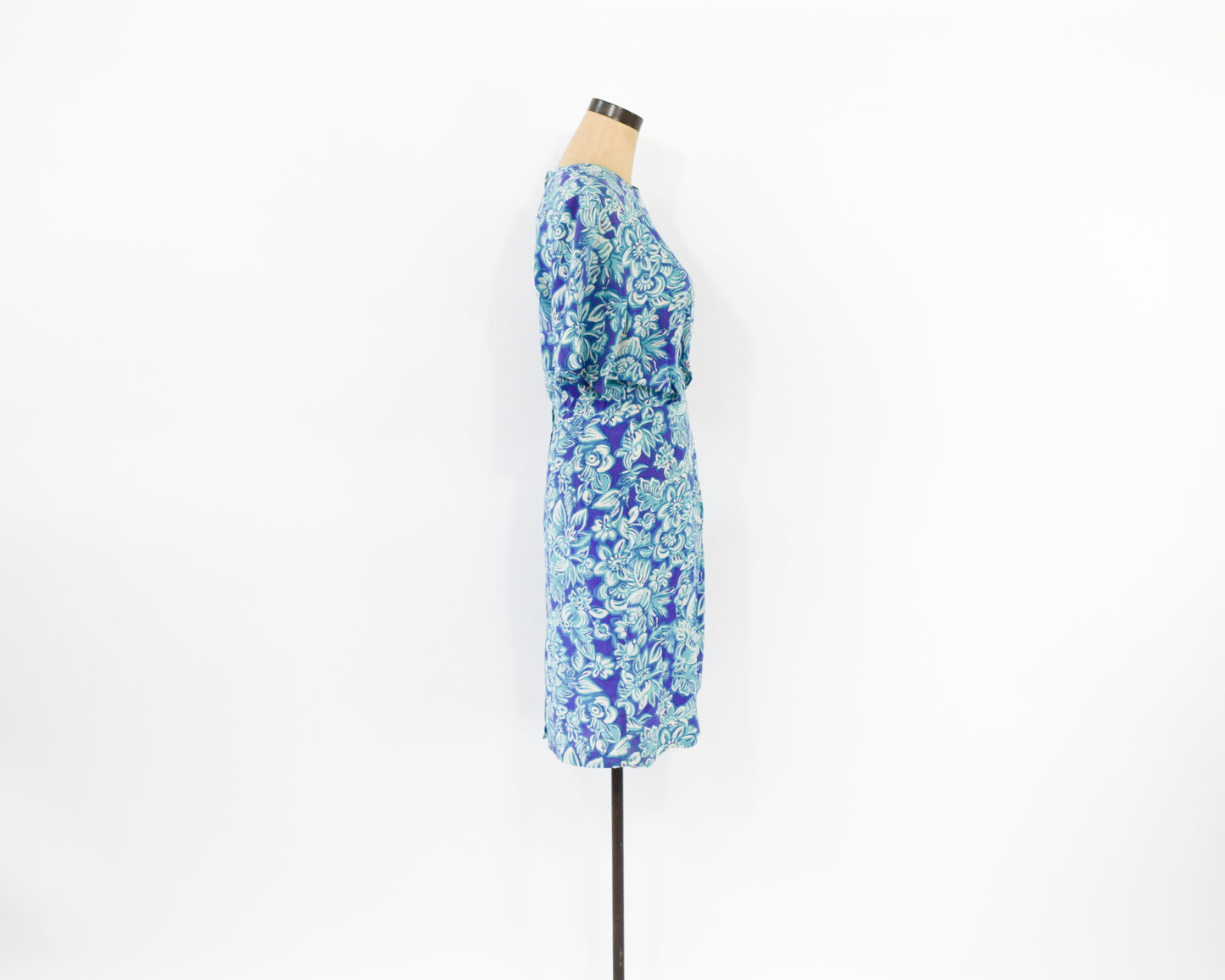 1990s Purple & Blue Floral Print Silk Dress, Small