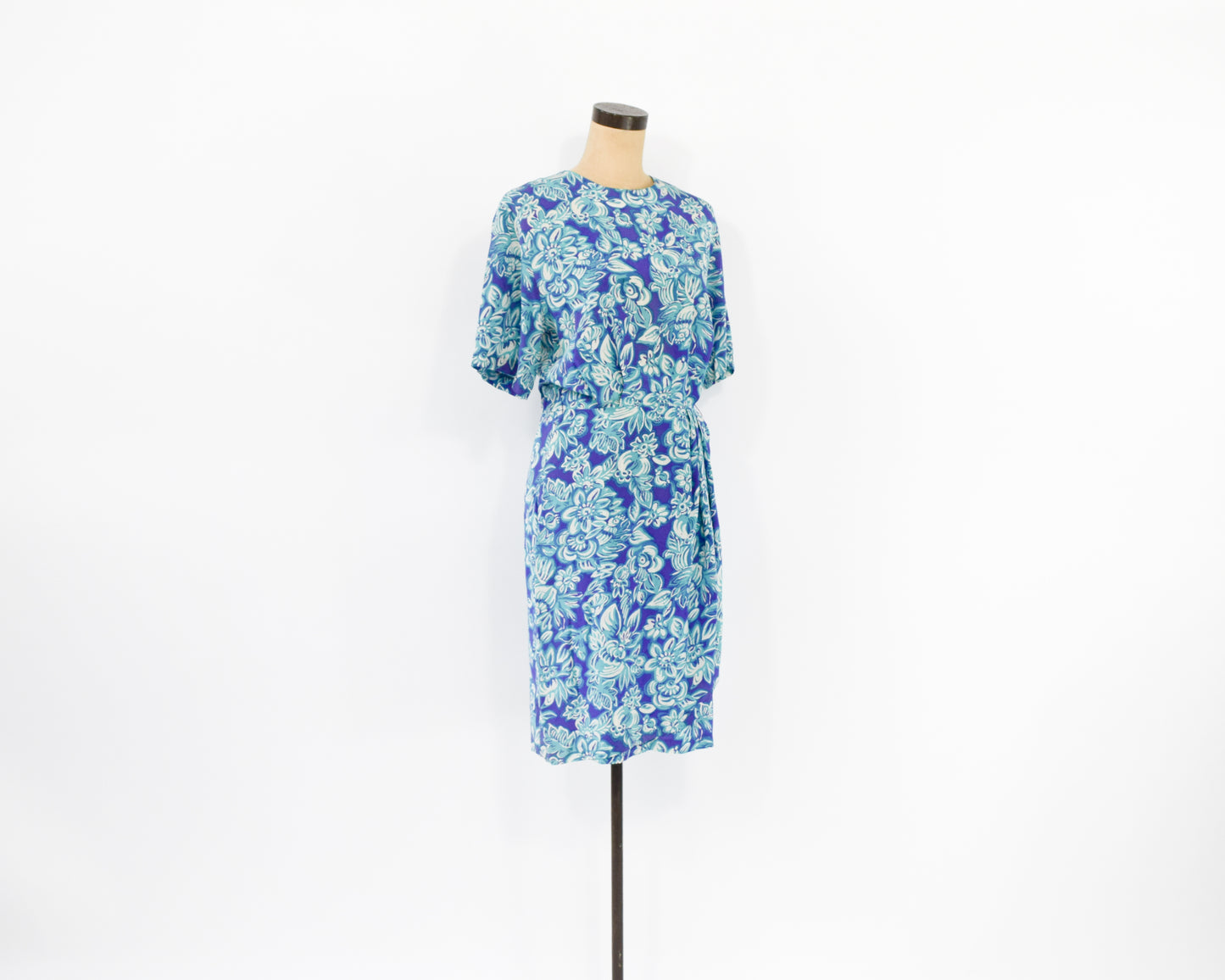 1990s Purple & Blue Floral Print Silk Dress, Small
