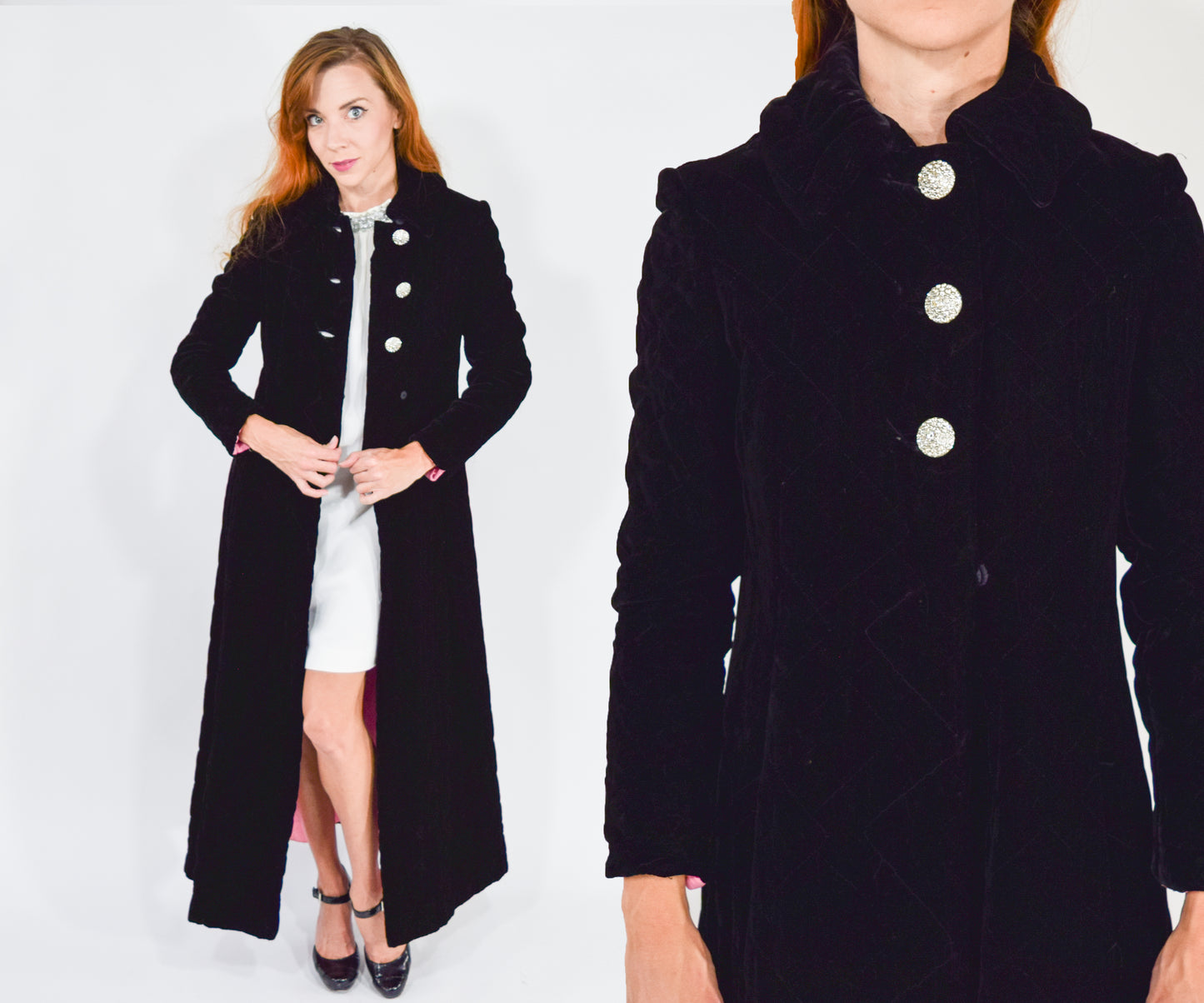 1960s Quilted Black Velvet Evening Coat