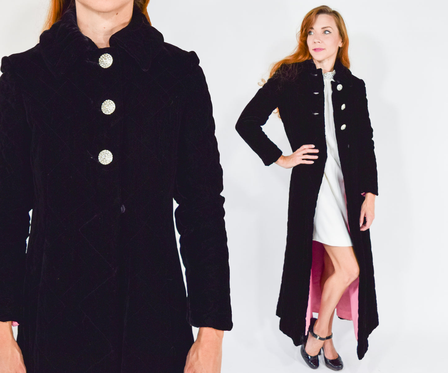 1960s Quilted Black Velvet Evening Coat