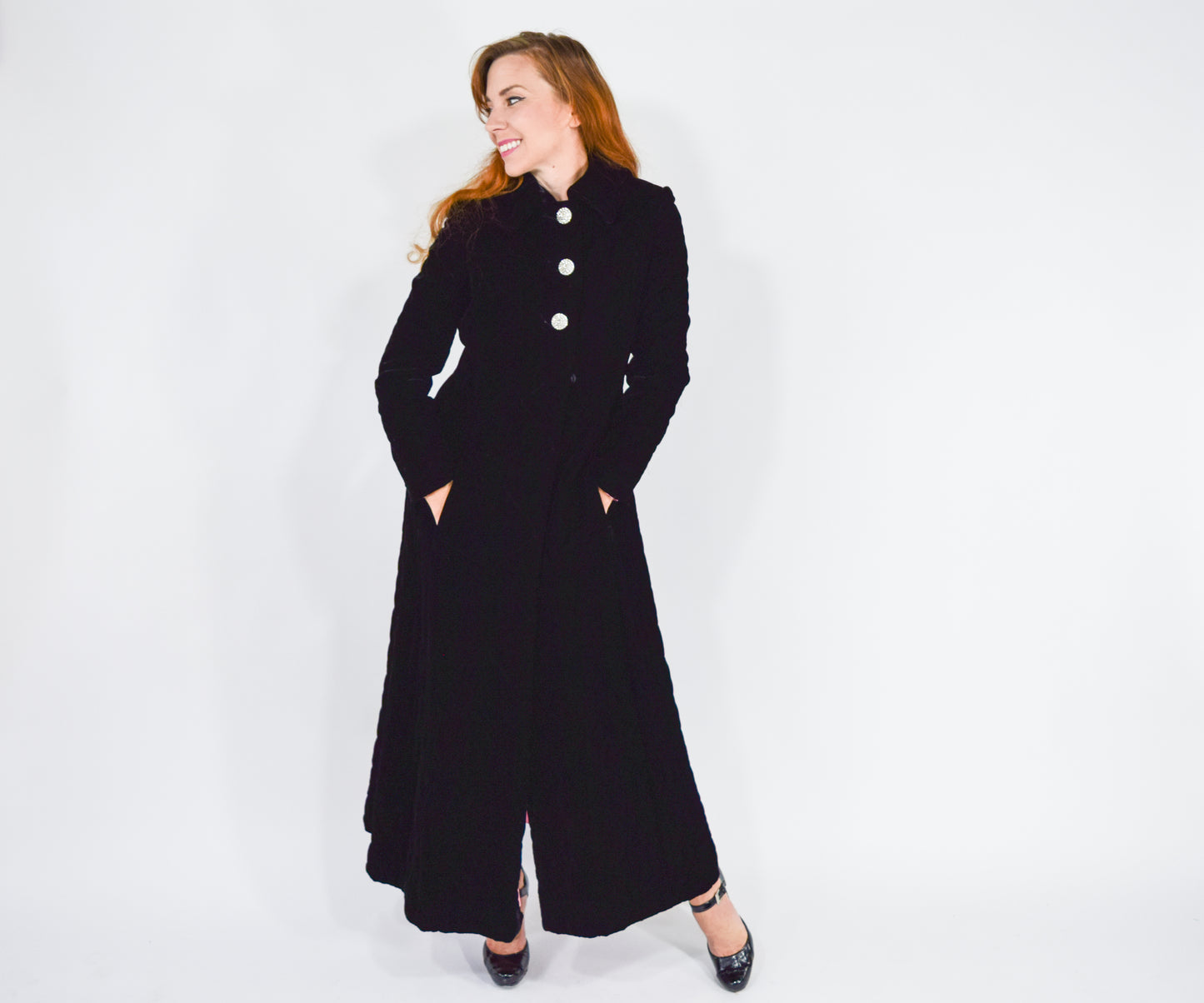 1960s Quilted Black Velvet Evening Coat