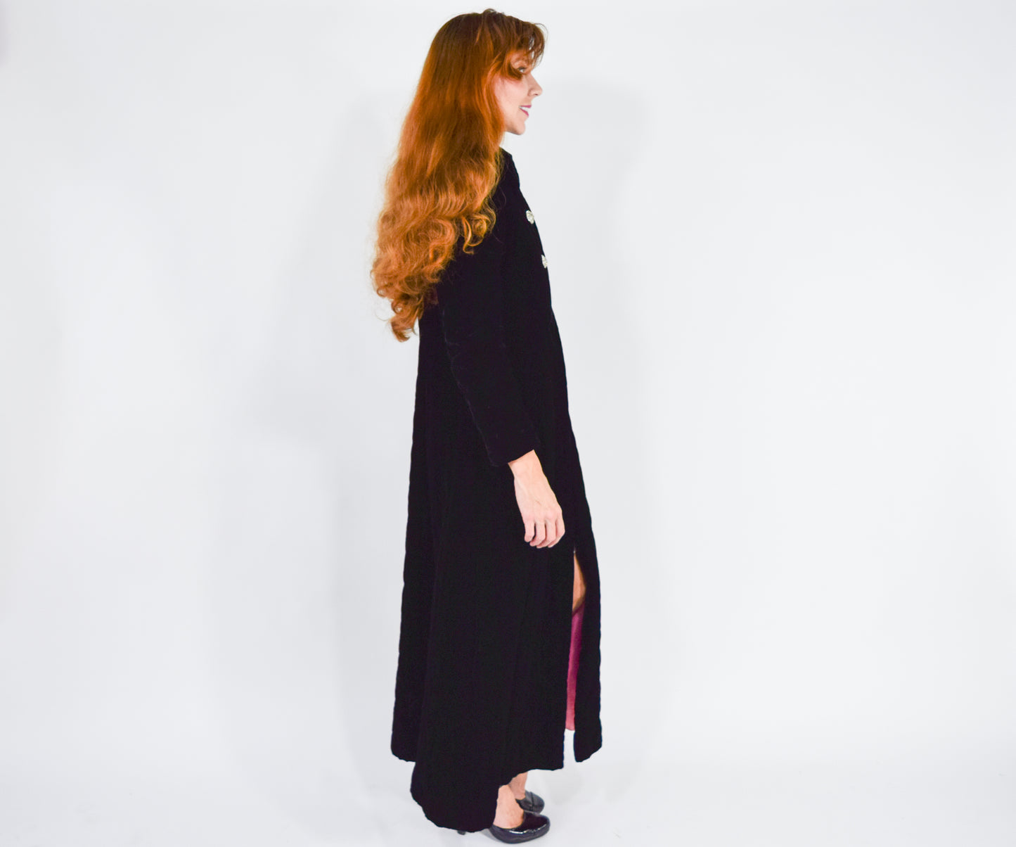 1960s Quilted Black Velvet Evening Coat