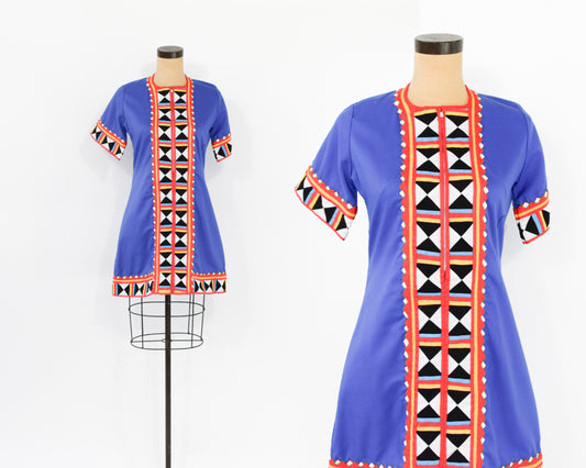 1960s Embroidered Blue Cotton Dress, Small