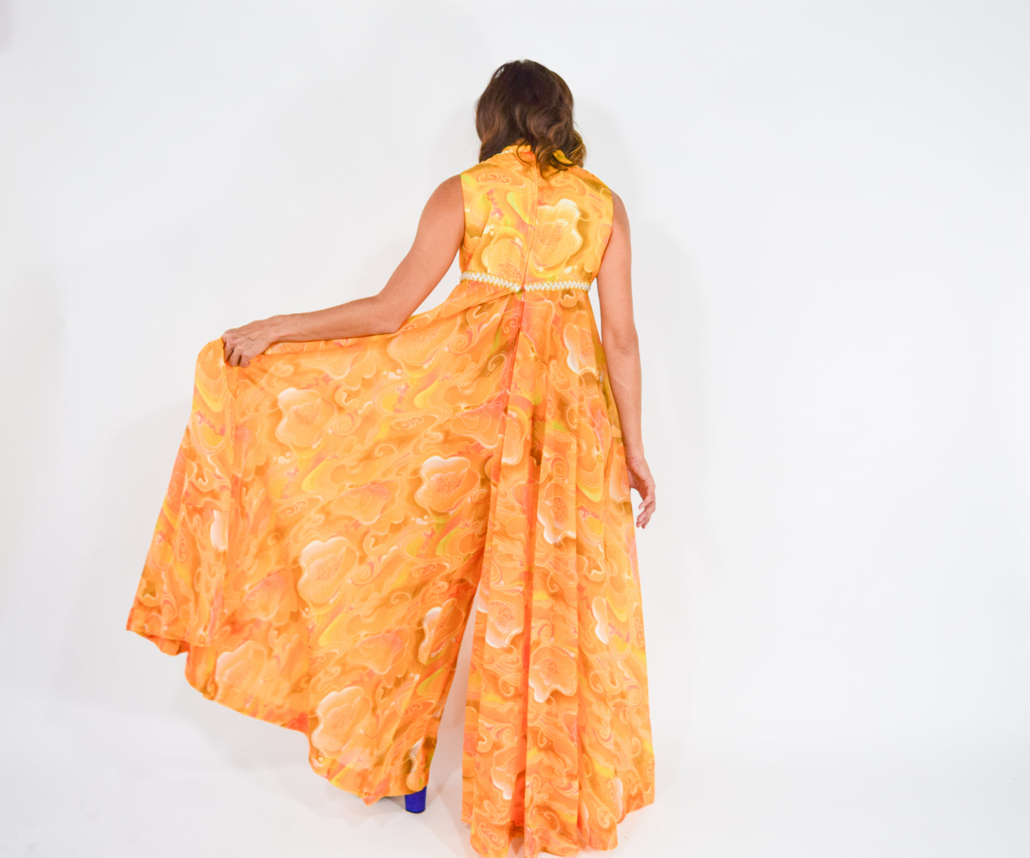1960s Orange Print Palazzo Jumpsuit Medium