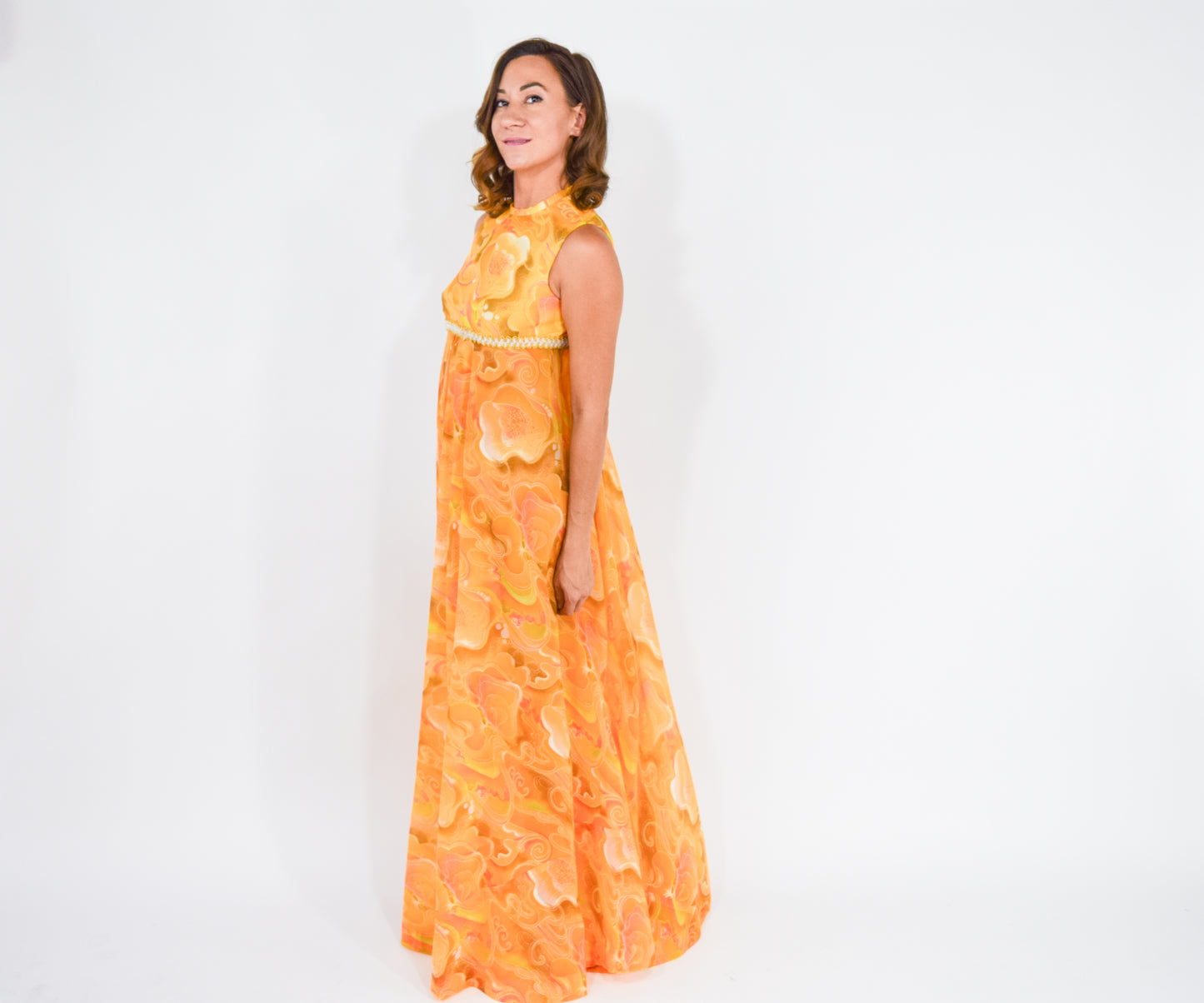 1960s Orange Print Palazzo Jumpsuit Medium