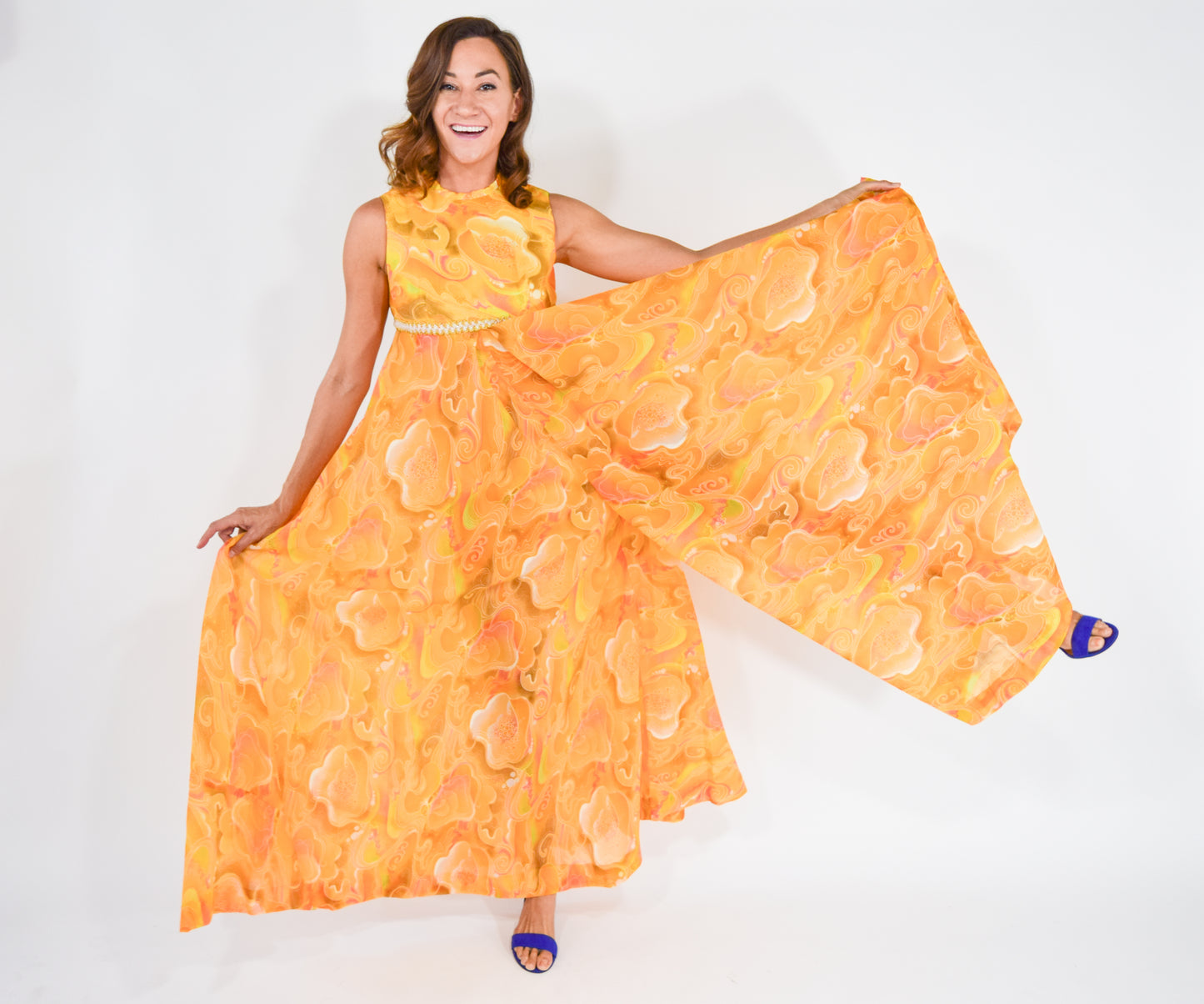 1960s Orange Print Palazzo Jumpsuit Medium