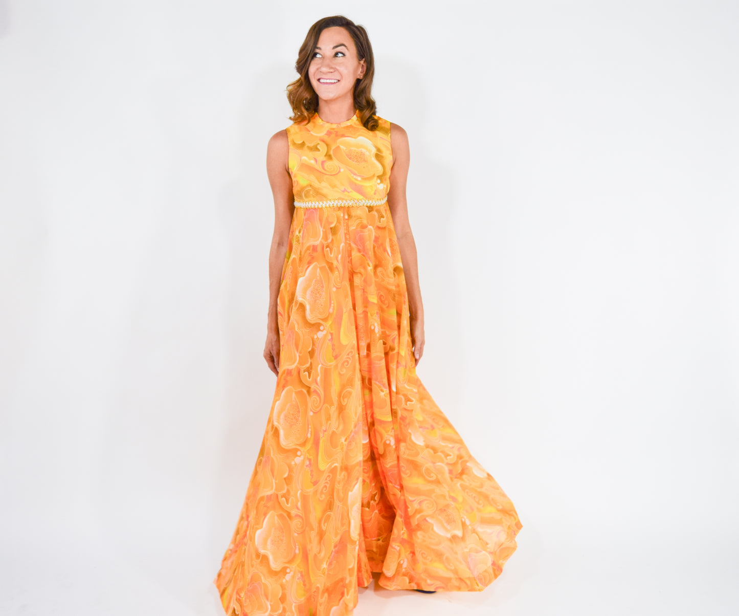 1960s Orange Print Palazzo Jumpsuit Medium