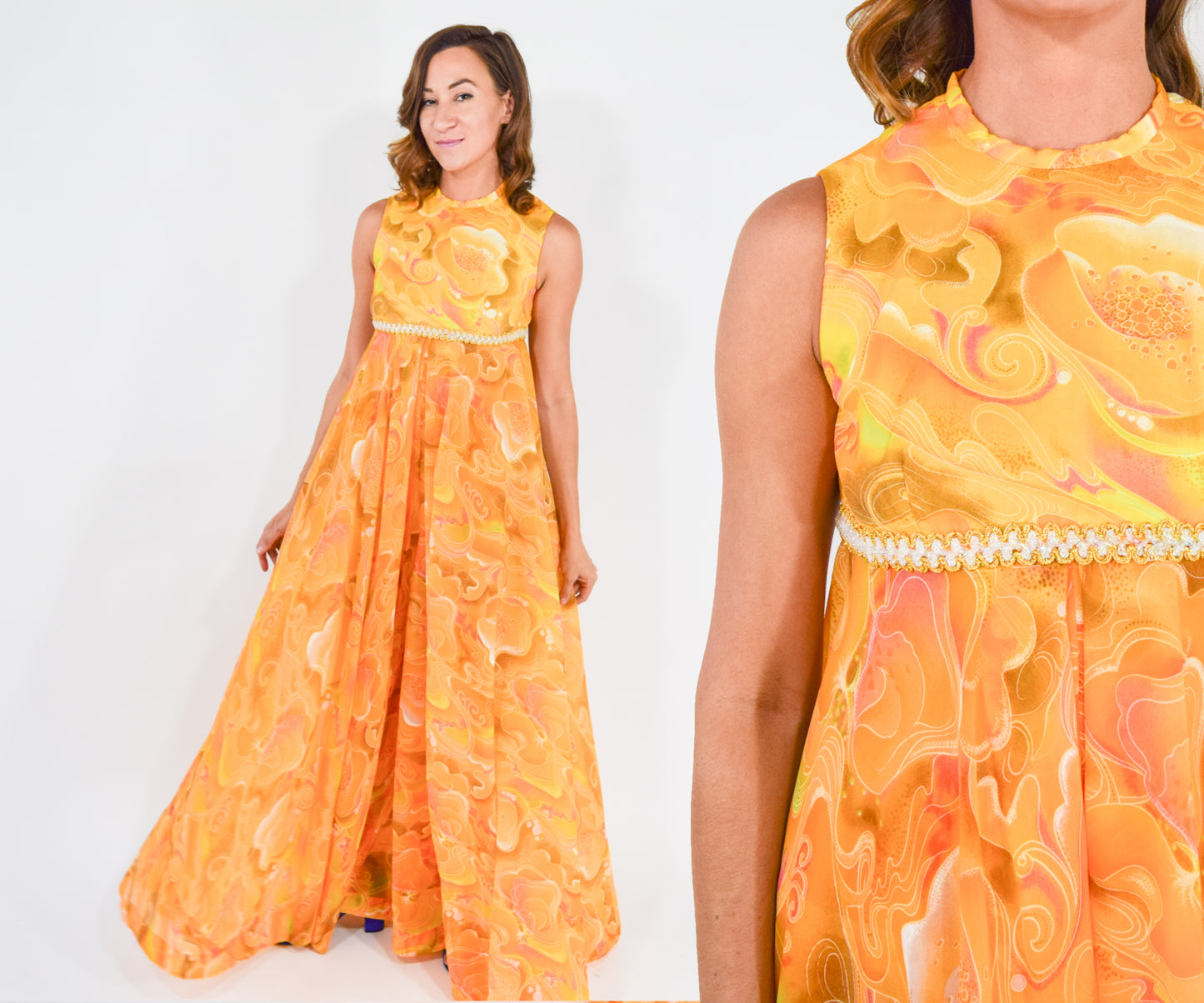 1960s Orange Print Palazzo Jumpsuit Medium