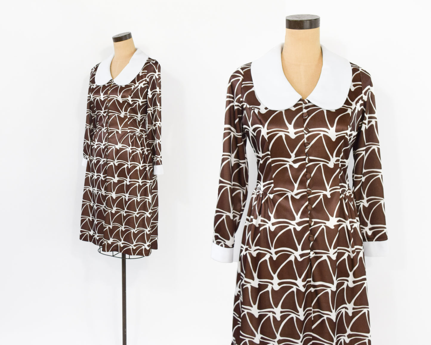 1960s Brown White Dress | 1960s Print Day Dress Small