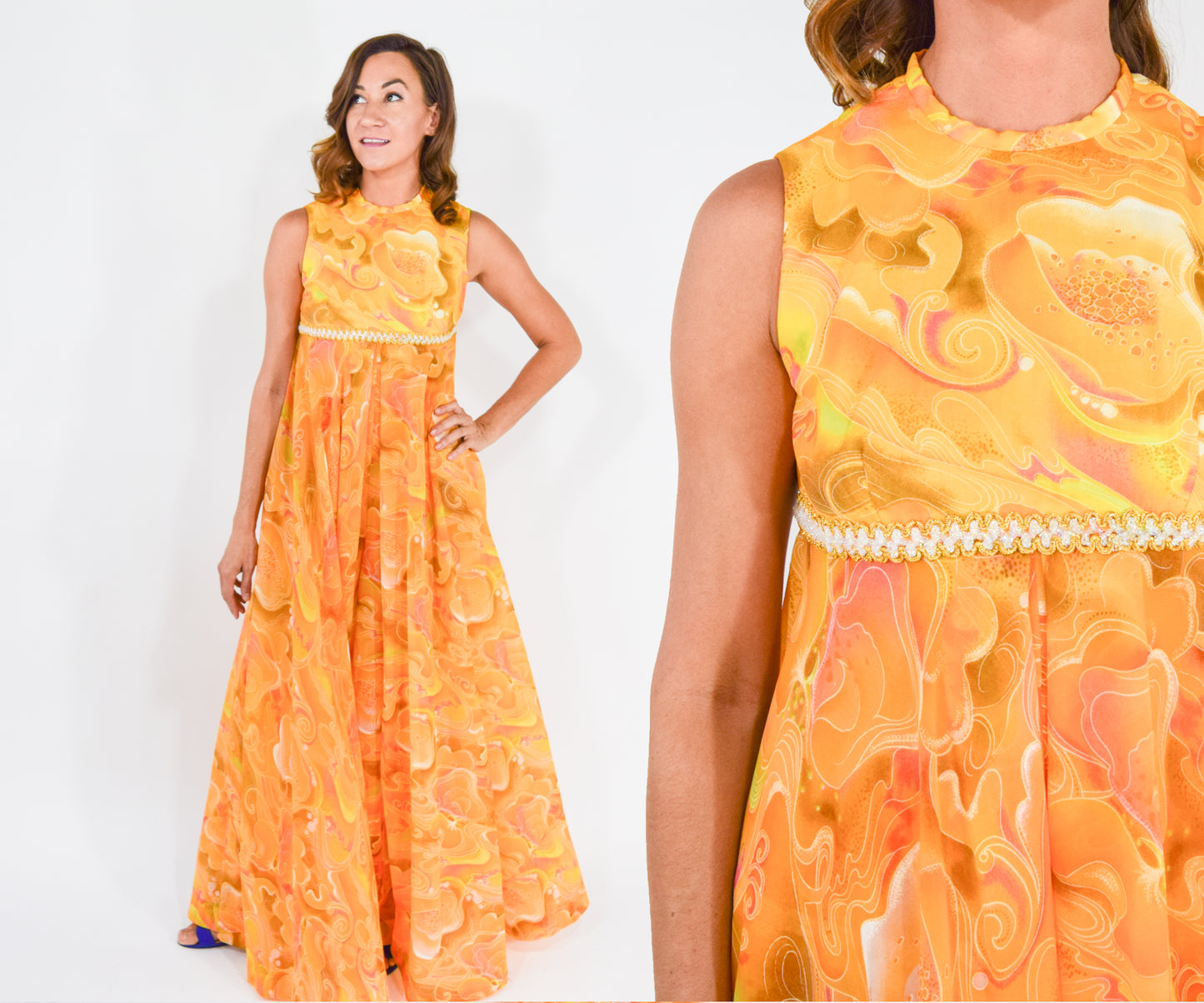 1960s Orange Print Palazzo Jumpsuit Medium