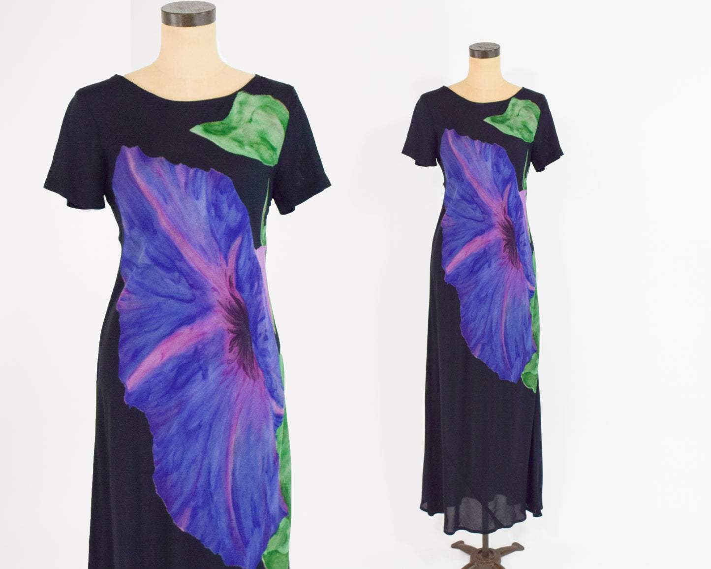 1990s Purple Floral Print Black Maxi Dress, Medium