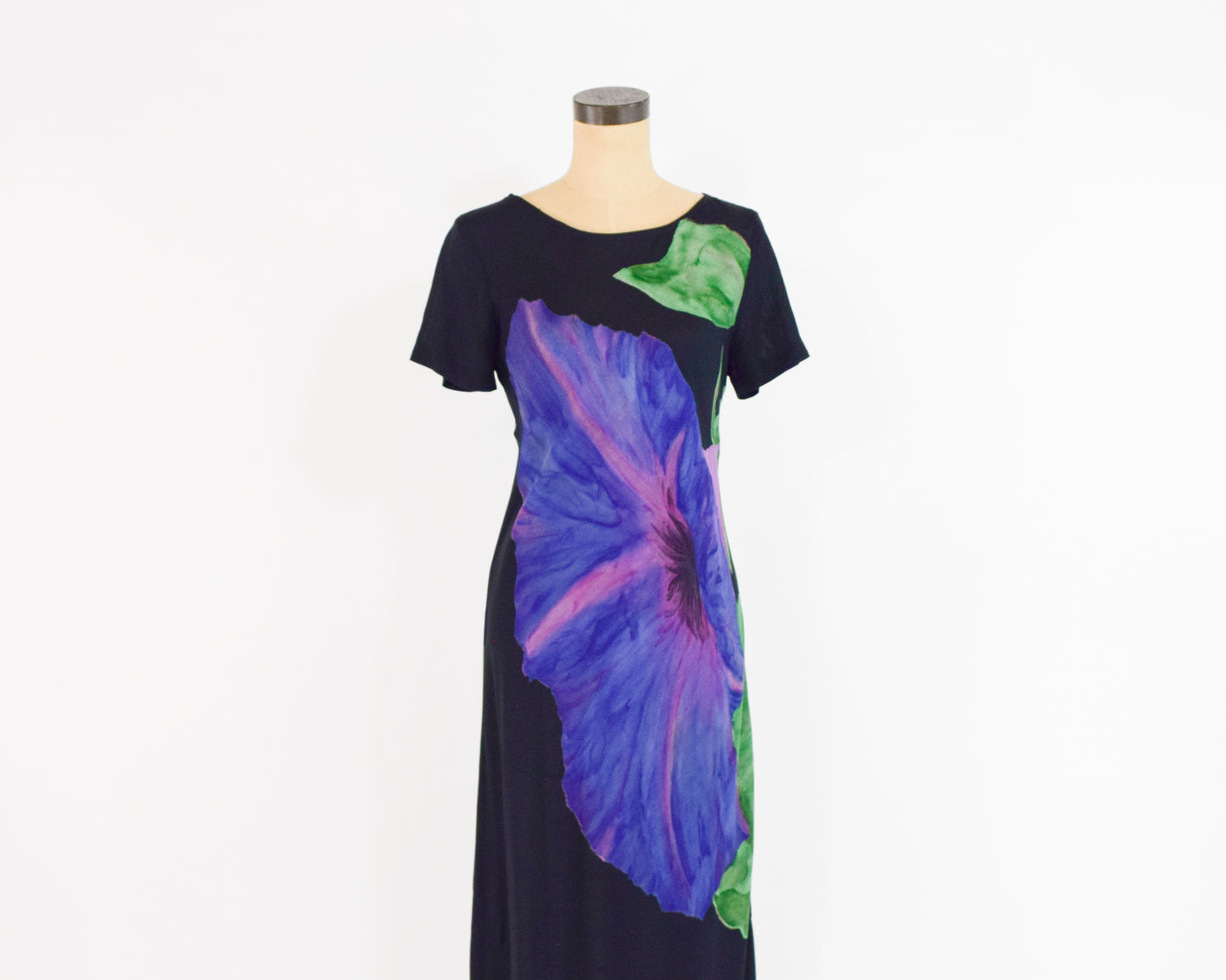 1990s Purple Floral Print Black Maxi Dress, Medium